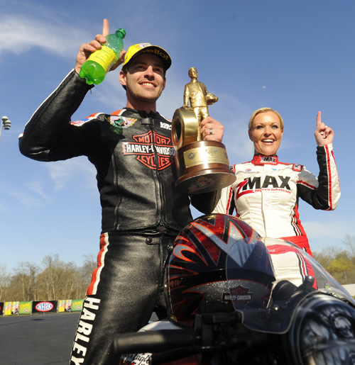 Reigning NHRA World Champion Matt Hines scored in Pro Stock Motorcycle.